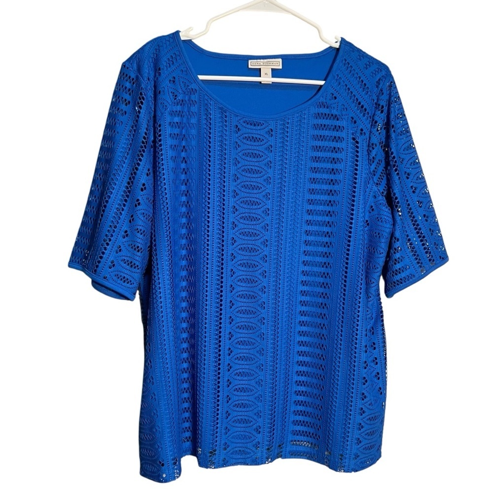 Dana Buchman Women's Size XL Lace Layered Blouse Royal Blue Short Sleeve Scoop